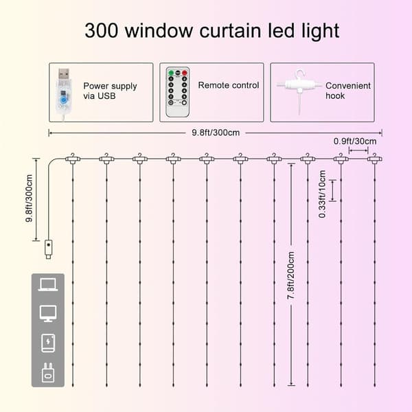 LED-valoverho, valoverho 300 LED USB neljä väriä KLB