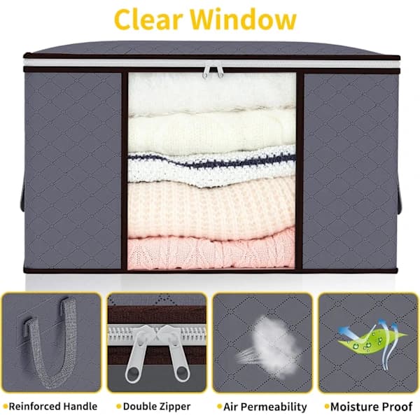 90L Storage Bags 6-pack Foldable Non-woven Clothes Storage Boxes With Zipper Reinforced Handles for Wardrobe Bedroom Dorm Grey