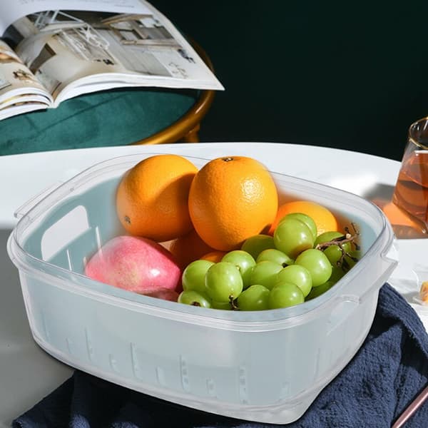 Blue Small Double-Layer Refrigerator Drawer with Lid Drain Basket Sealed Box Home Vegetable Refrigerator Kitchen