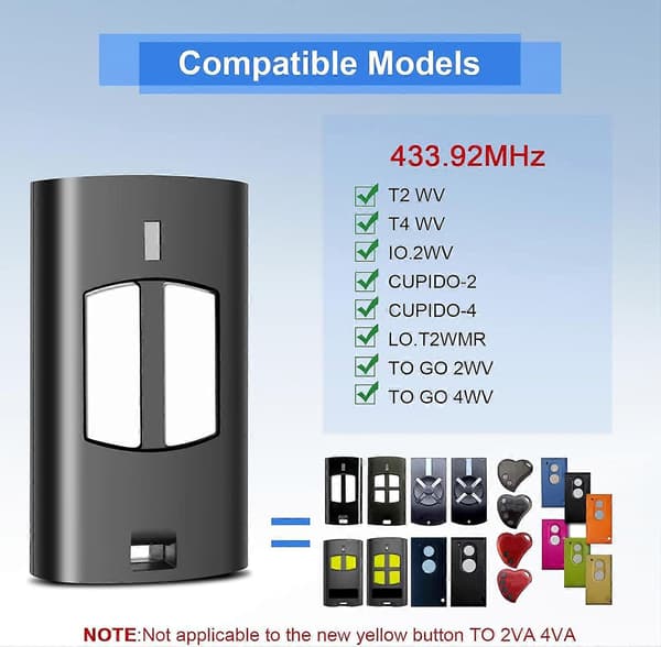 433.92MHz Remote Control for Gate, 2pcs Universal Garage Door Remote Control, Remote Control Compatible with to.GO 2WV 4WV, IO.2WV, LO.T2WMR, T2 [DB]