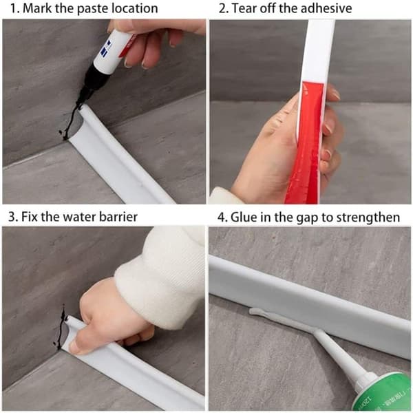 Foldable Silicone Shower Barrier, Flood Protection, White, 3 cm High x 2 cm Wide, 2M