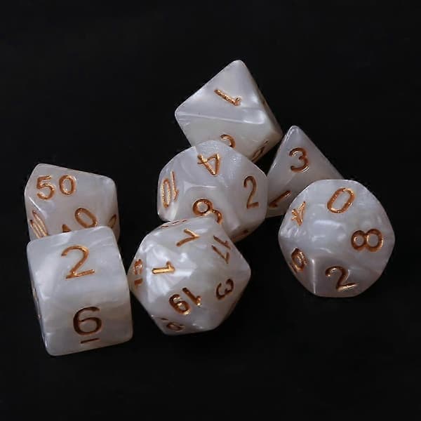 7x Svarte Sidige Terninger D4 D6 D8 D10 D12 D20 RPG Poly Spillsett--Hvit
