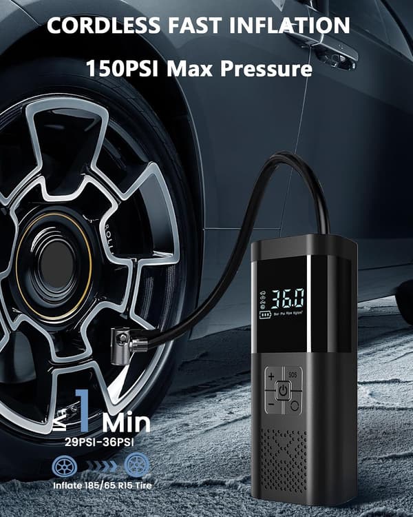 Portable Cordless Air Pump, 150 PSI, Auto Shut-Off Function, Digital Display and LED Light, Black.