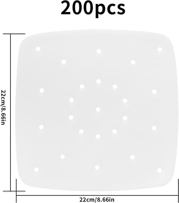 200 stk. bagepapir til Airfryer, 22 cm perforeret bagepapir, firkantet dampkogerpapir til Airfryer, dampkurv