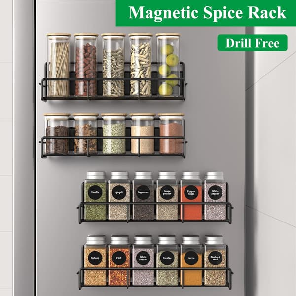 4-pack Magnetic Spice Rack Organizer for Refrigerator and Microwave, Metal Refrigerator Shelf for Kitchen, Black