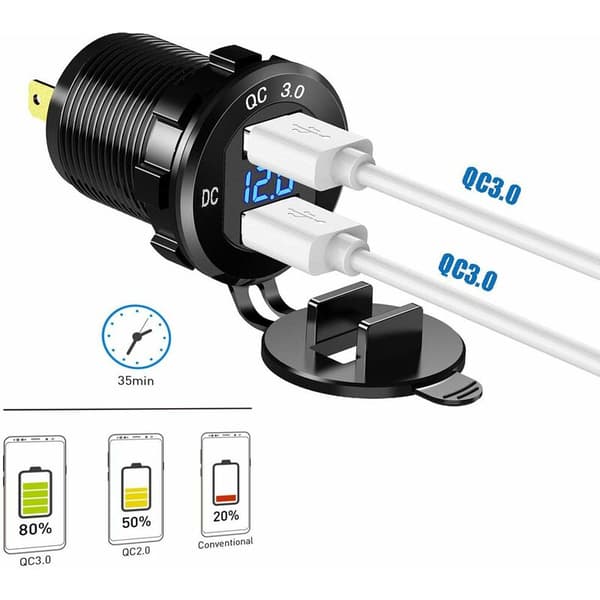 USB Rask Billader To QC3.0 USB-porter, 12V/24V Vanntett, med LED Digital Voltmeter