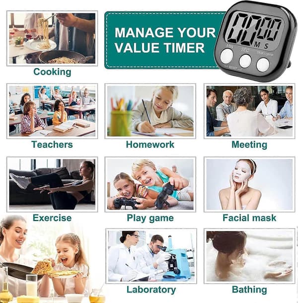 Magnetisk timer, digital timer med høyt alarm for barn, tidtaker med stativ for studier, arbeid, trening, matlaging