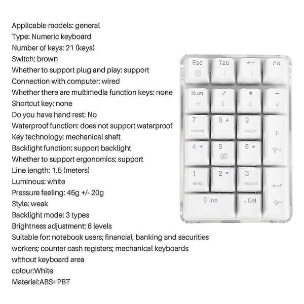 Mechanical Numeric Keypad Gateron Brown Switch Wired Gaming Keyboard Crystal Case White Backlight 21 Keys