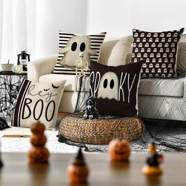 Halloween Hey Boo Søde Spøgelser Skræmmende Pudebetræk, 45 x 45 cm Horror Pudebetræk til Sofagruppe med 4, Sort