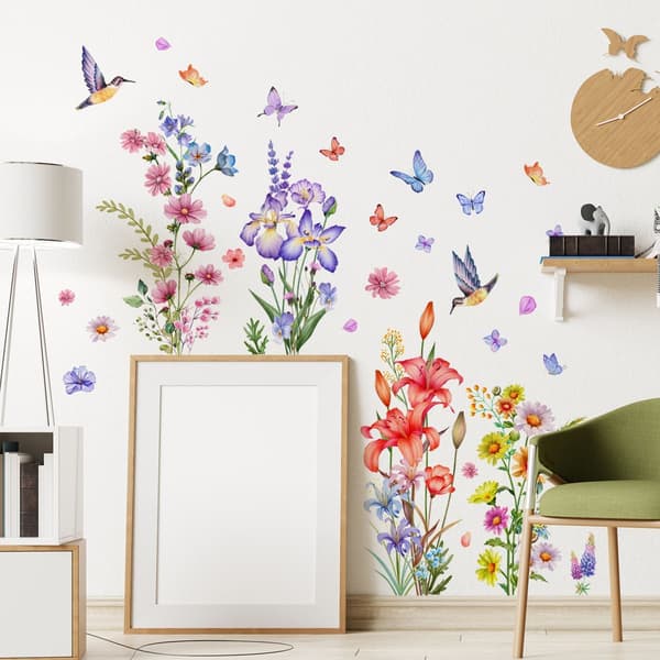 Blomsterfjäril-seinätarrat, kukkaiset seinätarrat, lasten seinätarrat KLB