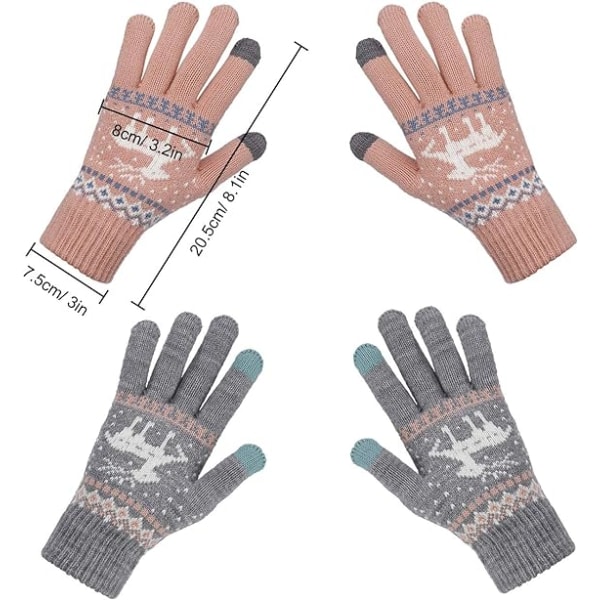 Vinterhandskar för kvinnor, stickade handskar med pekskärm, varma, mjuka, söta Elaphurus-mönster, en one size, 2 par (rosa och grå)