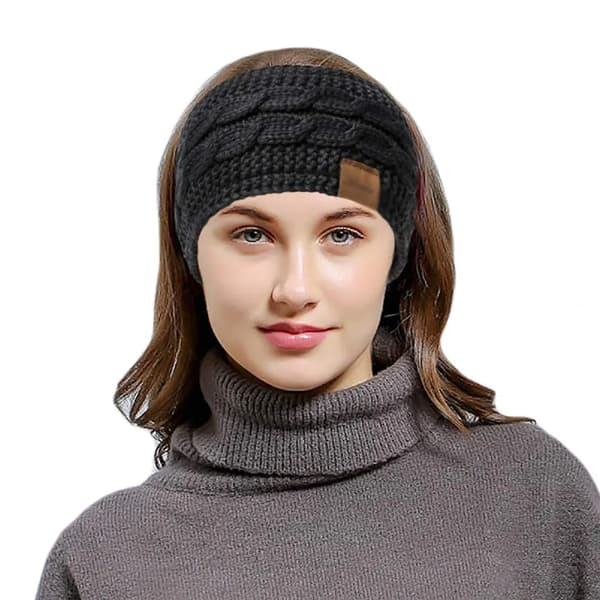 Kvinders vinter fluffy fleeceforet tyk kabelstrikket pandebånd ørevarmere sort+beige