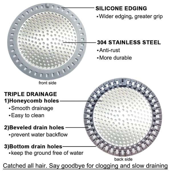 2-delt dusjavløpsfilter, dusjavløpsfilter, rustfritt stål med silikonkanter, diameter 4,75 tommer