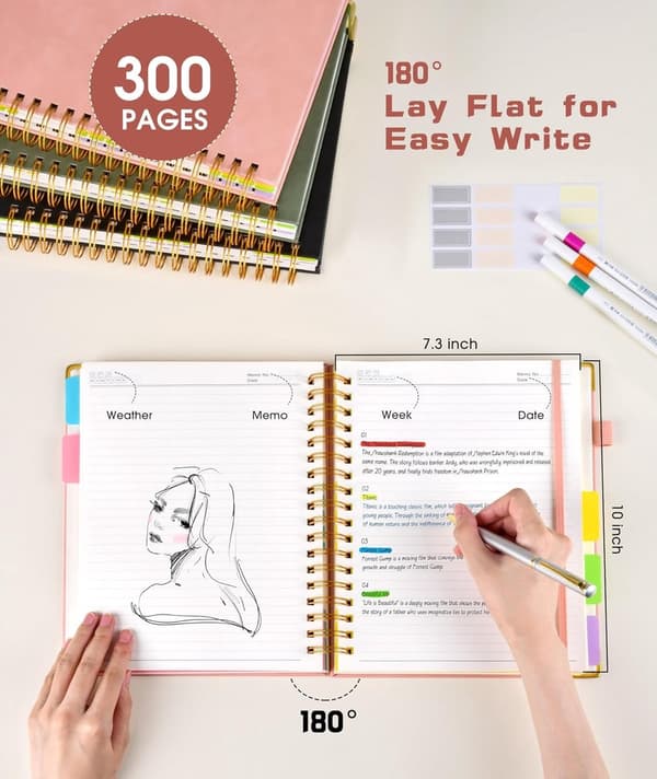 B5 Hardcover Spiral Notebook, 300 Pages, 5 Tab Dividers, 180° Flat for Work, School, and Notes, Pink Pink