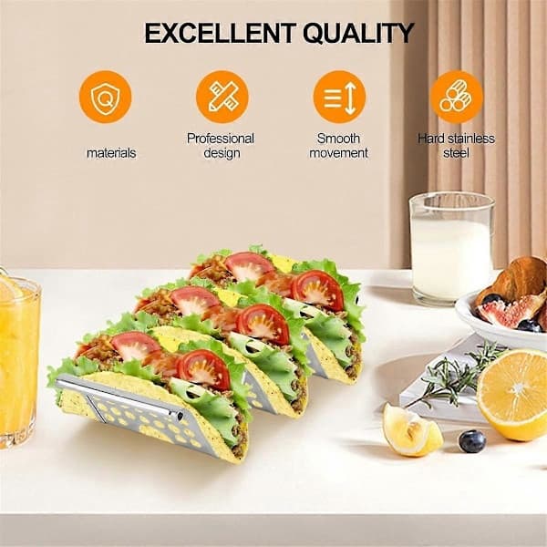 Taco-stativ, 4-pakning stativ i rustfritt stål med håndtak, taco-brett rommer opptil 3 tacoer, taco-stativ