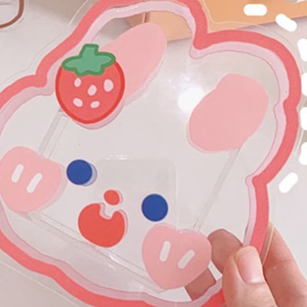 Transparent Pen Holder Multifunctional Cute Cartoon Acrylic Makeup Brush Storage Case for Office Desk Dressing Table Strawberry Rabbit