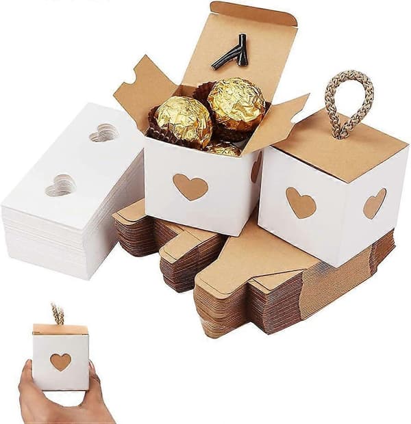 50-pack Kraftpapper Godisbox, Presentbox i Papper, Hjärtformade Presentaskar, 5,5 x 5,5 x 5,5 cm Vikbar Presentbox i Kraftpapper