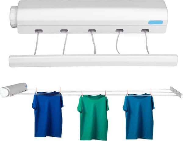 Clothesline, Automatic Telescopic Wall Mounted Retractable Clothes Dryer Line with Hook for Indoor and Outdoor Use, Punching System (Five Lines)