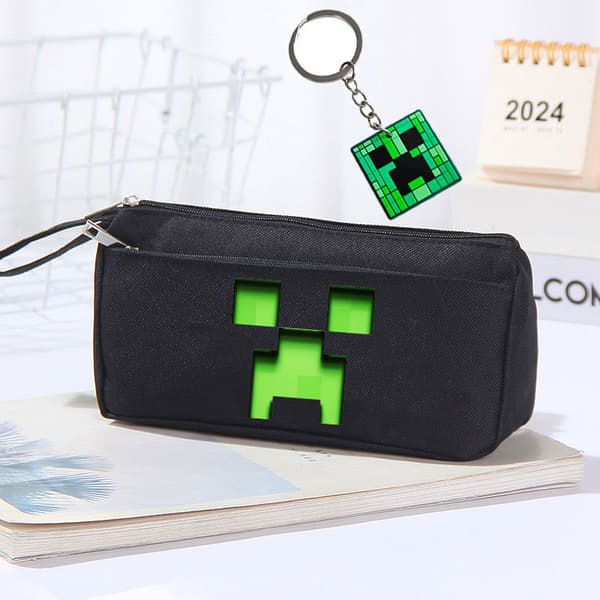 My World Pencil Case Set for Elementary and High School Students, Large Capacity, Multifunctional Pencil Case, Creeper Enderman Pencil Case Green Grid Green Grid