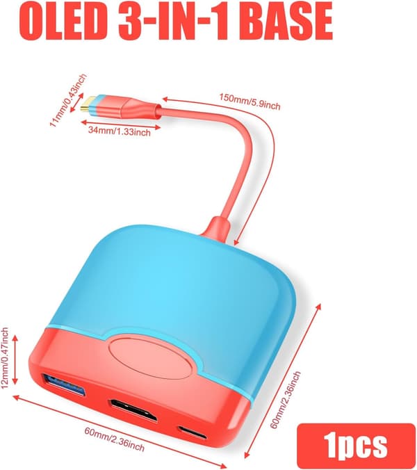 (Sininen + Punainen) Telakka Nintendo Switch OLED:lle, USB Type C - HDMI-sovitin