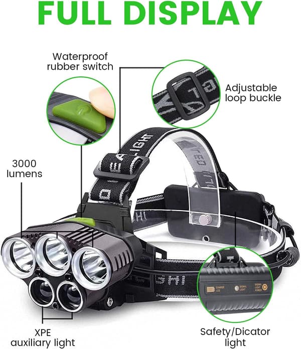 Kraftig oppladbar hodelykt, 10000 lumen 6 moduser LED-hodelykt
