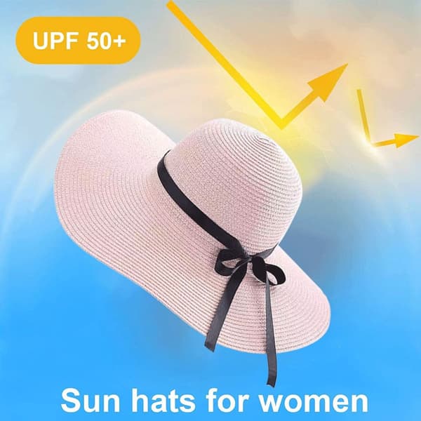 Stråhatt, sommer, strandtur, bred brem, solbeskyttelse, rosa