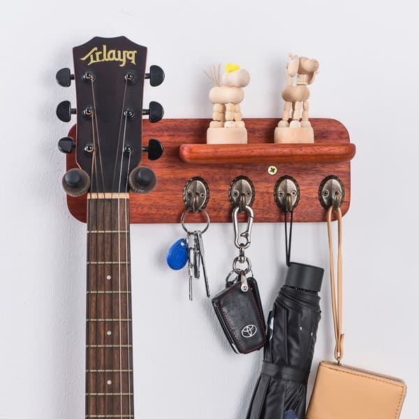 Gitarrväggkrok i trä, multifunktionell förvaringshylla för folkgitarr, elgitarr, bas, fiol, massivt träfäste
