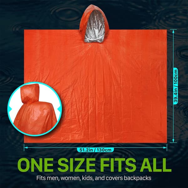Emergency Rain Poncho 4-pack, with Whistles, Reusable, Green + Orange