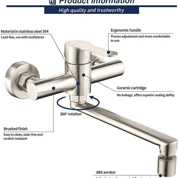 Wall-mounted kitchen faucet with 2 nozzles, sink mixer, 360° rotatable, wall-m