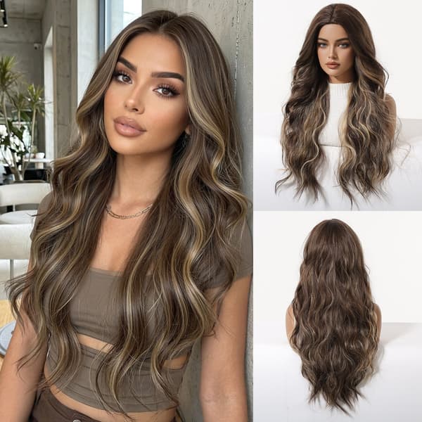 Long Curly Brown Synthetic Wig with Bangs - Heat Resistant & Natural Look