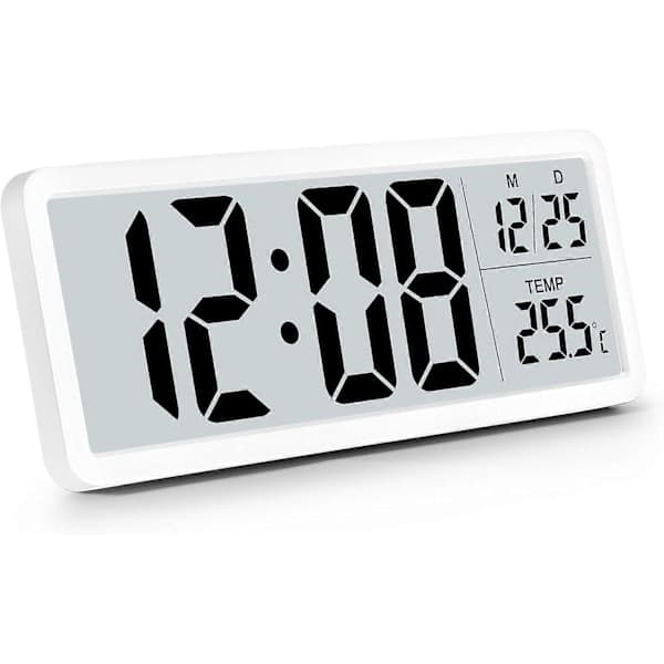 Digital Wall Clock Battery Operated, Wall Clock Digital Clock with Large Digits, Temperature Display, White (FMY)