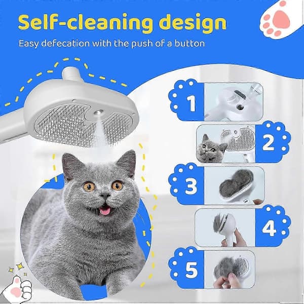 Selvrensende børste til katte og hunde - Dampmassage til at fjerne sammenfiltret og løst hår (Hvid)