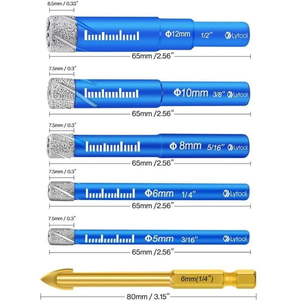 Diamond Drill Bit Set for Porcelain Tile Stoneware Glass Granite 5 6 8 10 12 mm with 6 mm Metal Tile Drill Bit