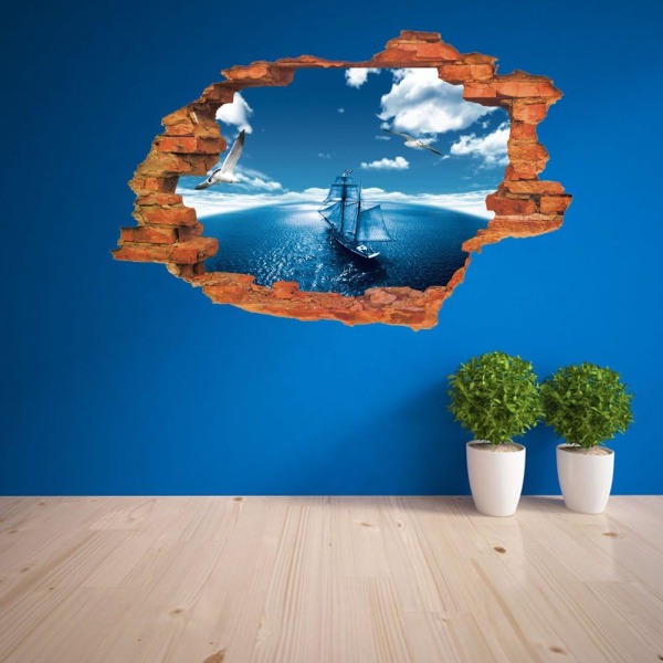 Large Blue Sky 3D självhäftande, avtagbar borrning i väggen Vinyl väggdekal/dekoratör väggkonstdekaler (Blue Boat VC1003 (50 x 70 cm))