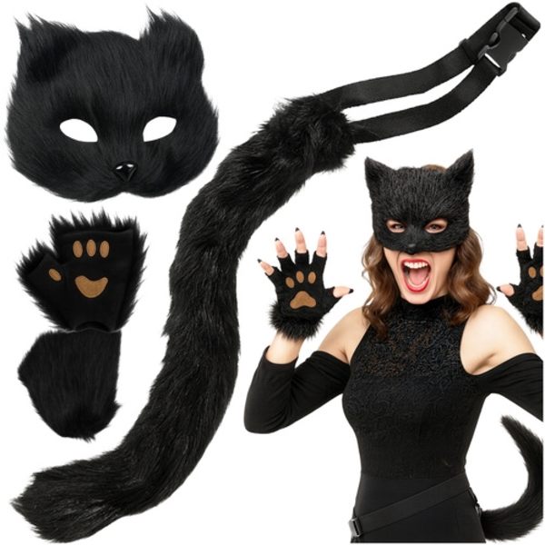 Cat mask with paws and adjustable tail - 4 pieces