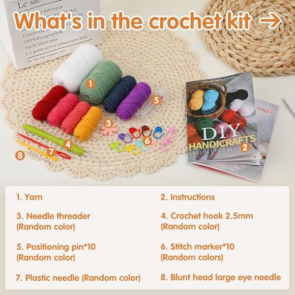 Crochet Kit for Beginners Adults, 6 Coasters Beginner Crochet Kit, Crochet Starter Kit, Crochet Flower Coasters