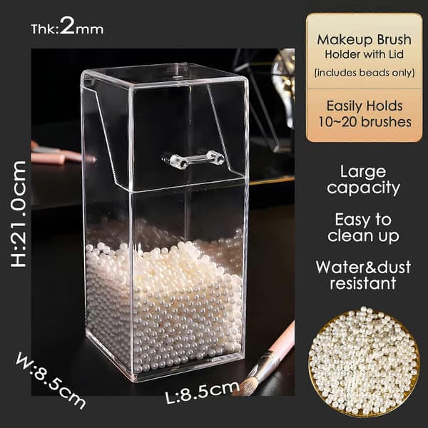 Makeup Brush Holder with Lid and Pearls Clear Cosmetic Brush Organizer Dustproof Makeup Storage Box (White, Small)