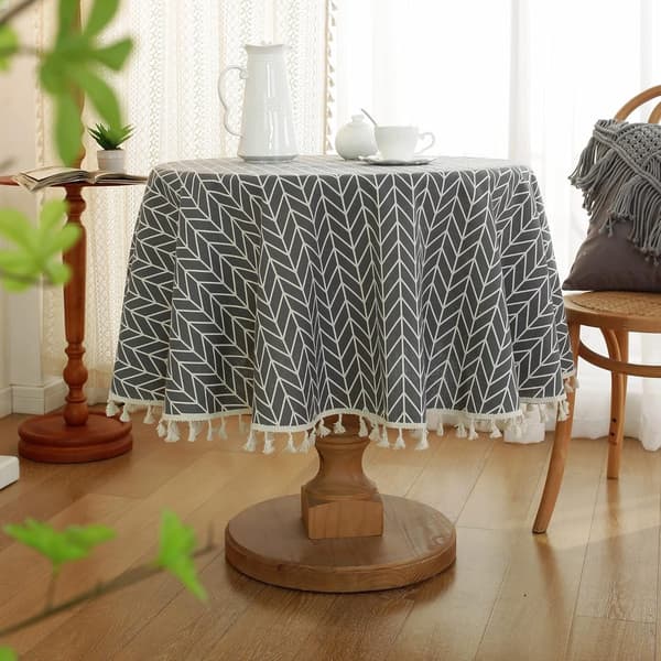 Round Tablecloth - Cotton Linen Striped Tassel Tablecloth - Washable Tablecloth
