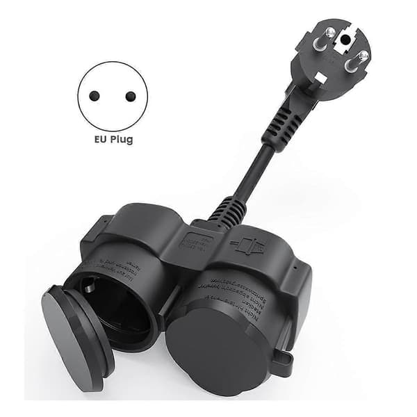 Double Socket Plug, Extension Cable with 2 Schuko Sockets, Outdoor Power Strip, 16 A / 250 V, EU Plug Black Black