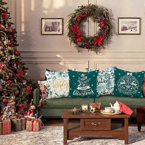 # Sæt med 4 julepudebetræk 45 x 45 cm (Teal), Glædelig Jul #