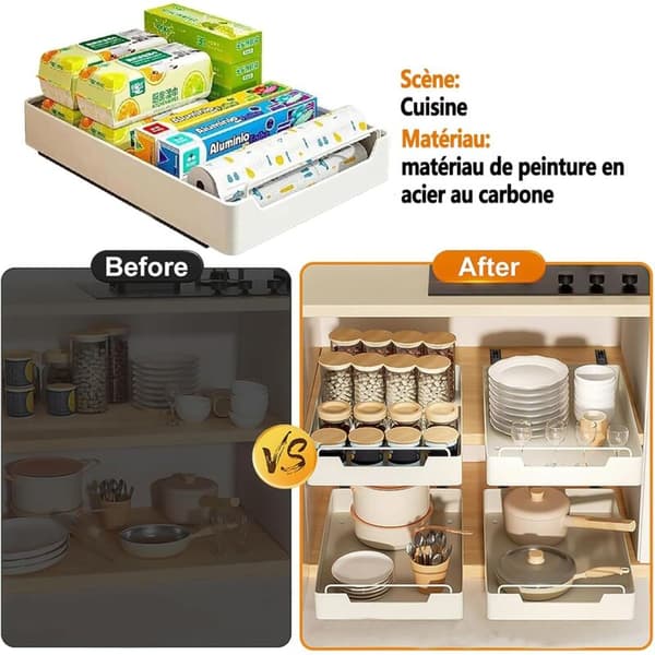 Extendable Kitchen Drawer Organizer, Expandable Slide-Out Cabinet Drawer, No Drilling S 43x20x7cm
