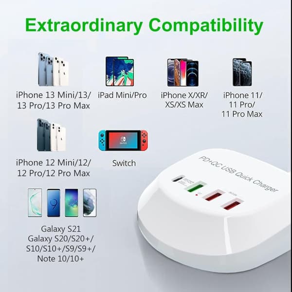 USB C Hurtiglader, USB PD QC 3.0 Strømlader for Hurtiglading 4 Porter Multi USB Strømadapter for iPhone iPad