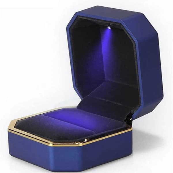 Luxury Ring Box, Velvet Ring Holder Case Jewelry Box Storage Gift Box with LED Light, Blue