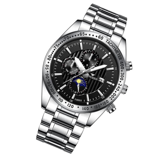 Waterproof Wristwatch - Silver Bracelet with Black Background and Silver Bezel
