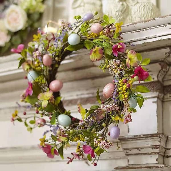 Easter Wreath with Eggs and Mixed Branches Spring Flowers Berry Garland Decor Front Door Decoration Suitable for Home Wall Hanging