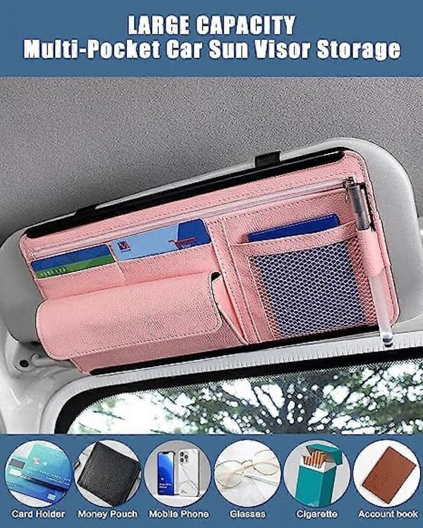 Car Sun Visor Organizer, Auto Interior Sunglasses Holder Black Multi-Pocket Leather Car Visor Storage