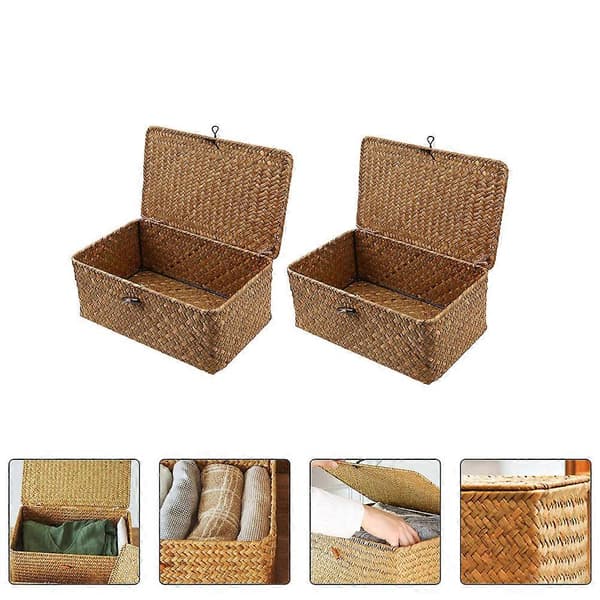 2 st Förvaringskorg med Lock Sjögräsvävd Korg Behållare Organizer Fodral