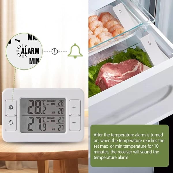 Digital Fridge and Freezer Thermometer with 2 Wireless Sensors, LCD Screen, Min/Max Function and Audible Alarm