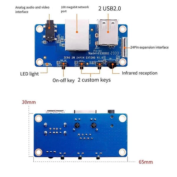 Til Zero 2 W udvidelseskort+etui 100M netværksport+USB 2.0+analog lyd- og videointerface