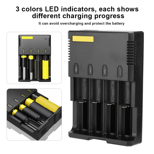 4-bånds ABS-batterioplader med LED-display, beskyttelse mod omvendt polaritet 100-240V US